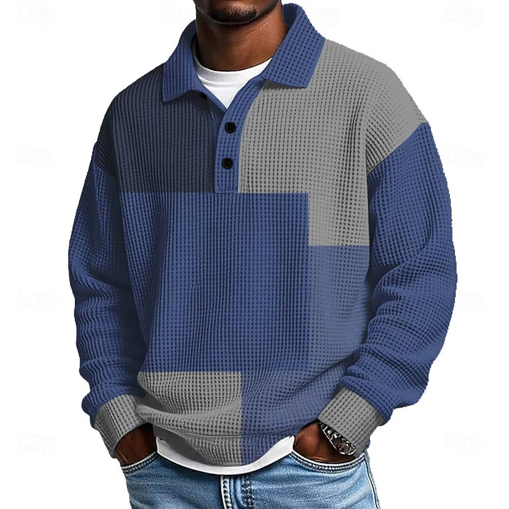 Polo rétro à manches longues pour homme – Haut à col rabattu color block pour les sorties décontractées