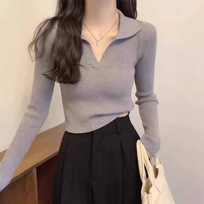 Tempérament polo revers pull à manches longues pour les femmes automne hiver coupe ajustée intérieure pure luxure style haut col en v chemise de fond