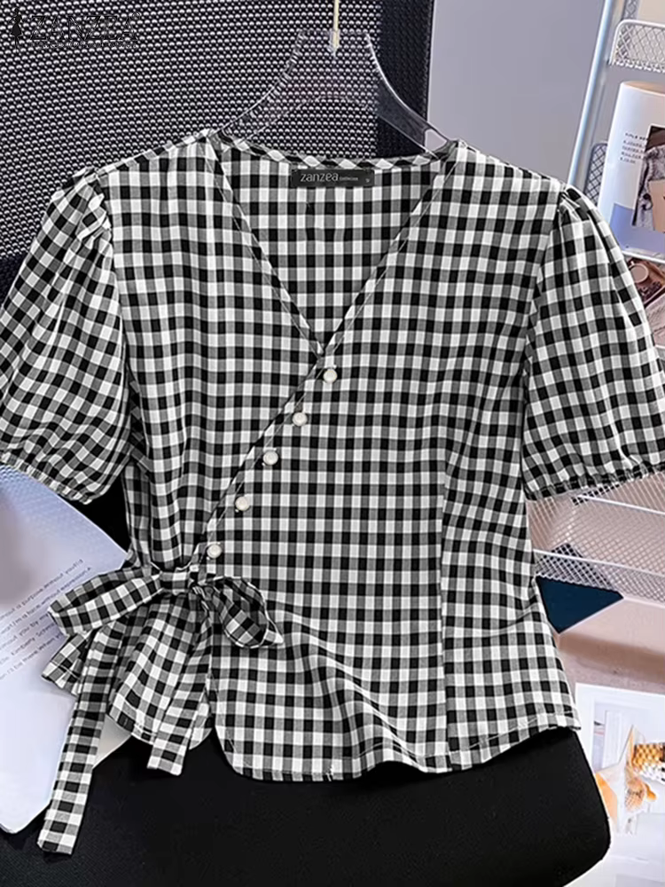 ZANZEA manches courtes bouffantes Vintage Blouses taille nouée décontracté été col en v Peplum hauts femmes vichy élégant enveloppé chemises