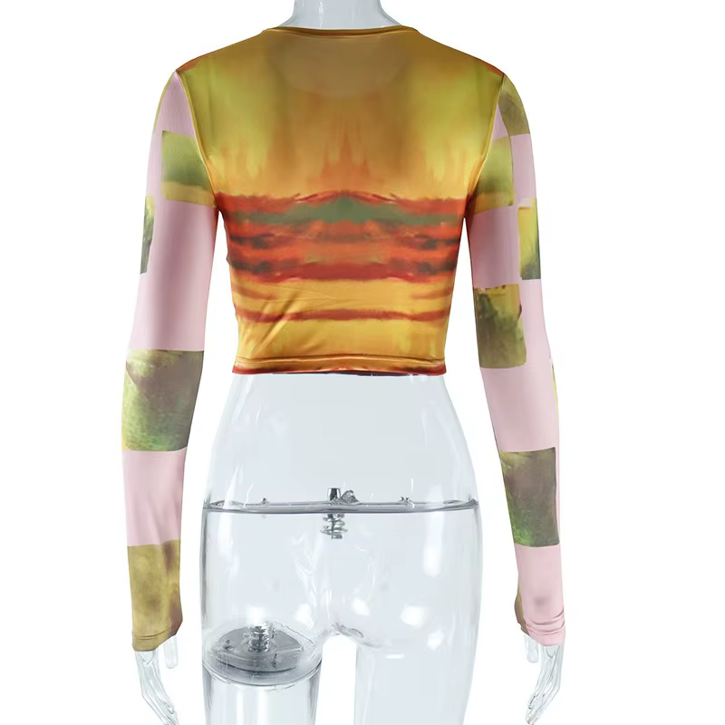 T-shirt court imprimé tie-dye pour femme, col rond, manches longues