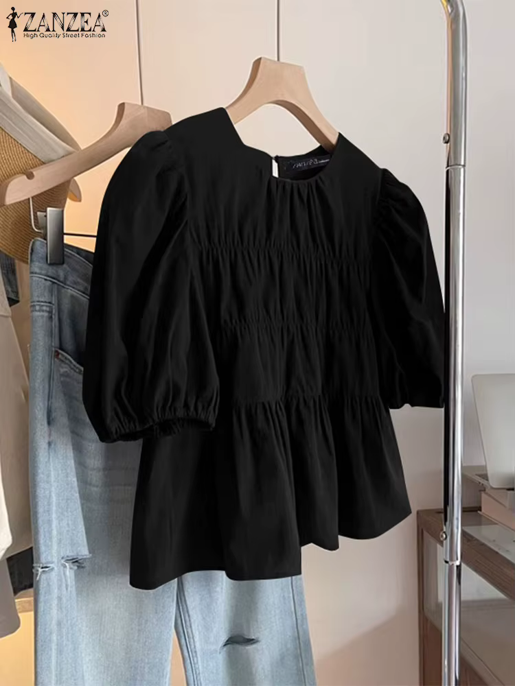 ZANZEA femmes chemisier à volants à manches courtes été hauts 2025 décontracté couleur unie tunique femme col rond plissé Blusas surdimensionné