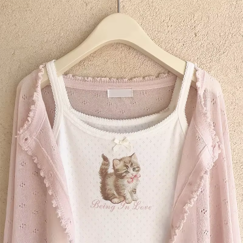 Camisole en coton avec nœud rose pour femme