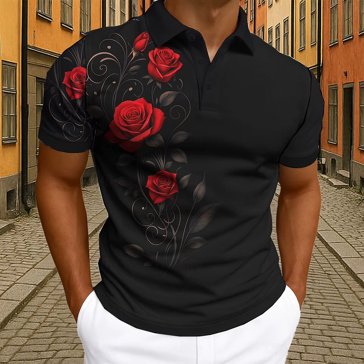 Polo élégant pour homme à motif floral de roses rouges