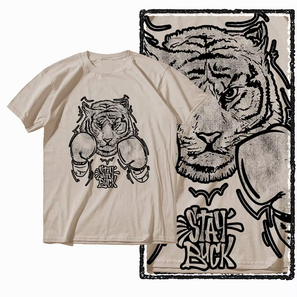T-shirt pour homme en coton vintage beige imprimé tigre G41