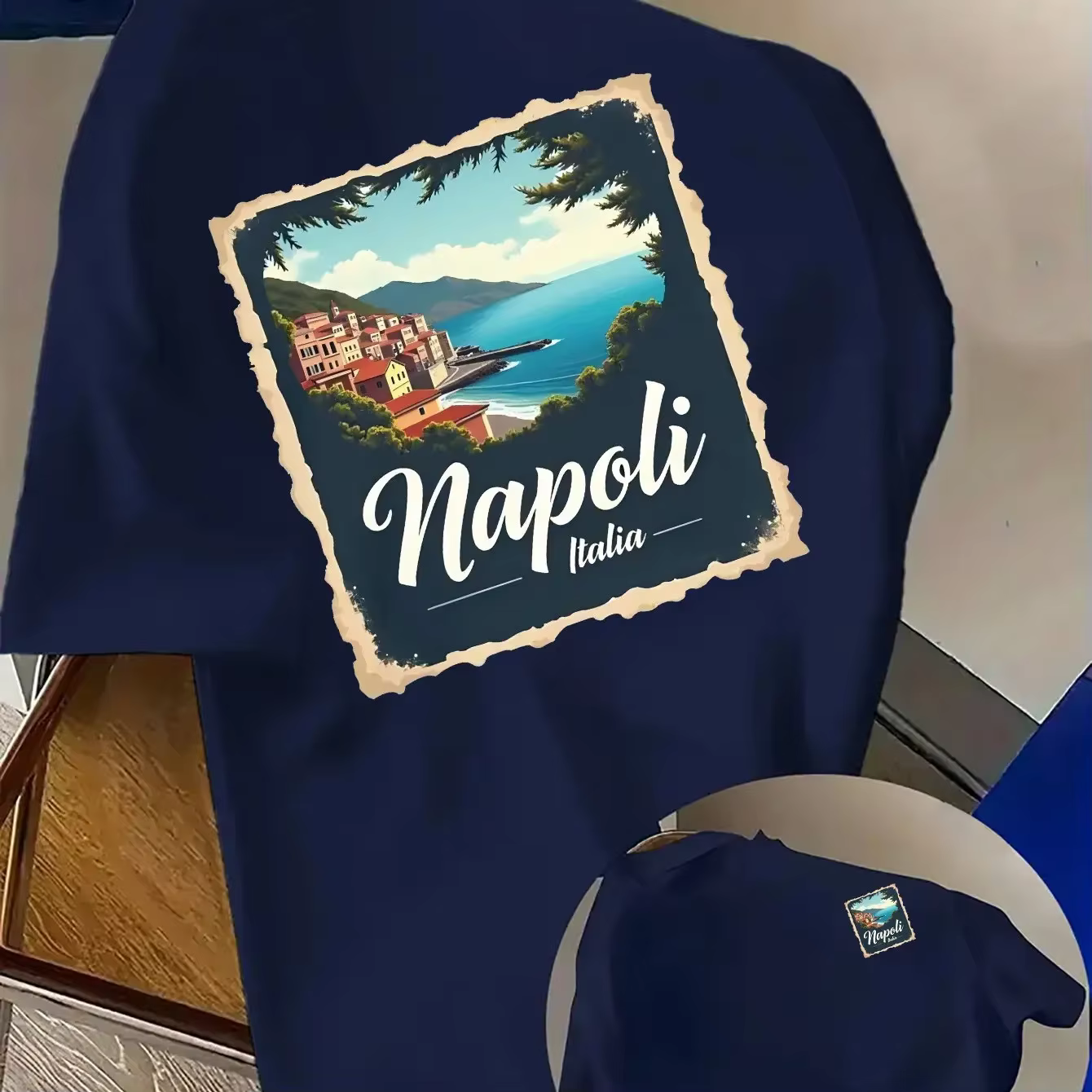 T-shirt pour homme en coton 100% avec imprimé paysage côtier italien