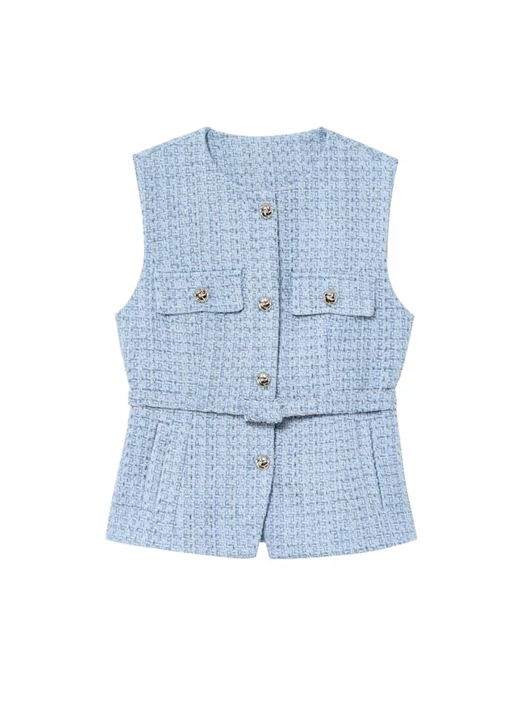 Gilet en Tweed avec ceinture pour femmes, col rond, sans manches, bouton sur le devant, vêtements d'extérieur pour femmes, hauts chics, à la mode