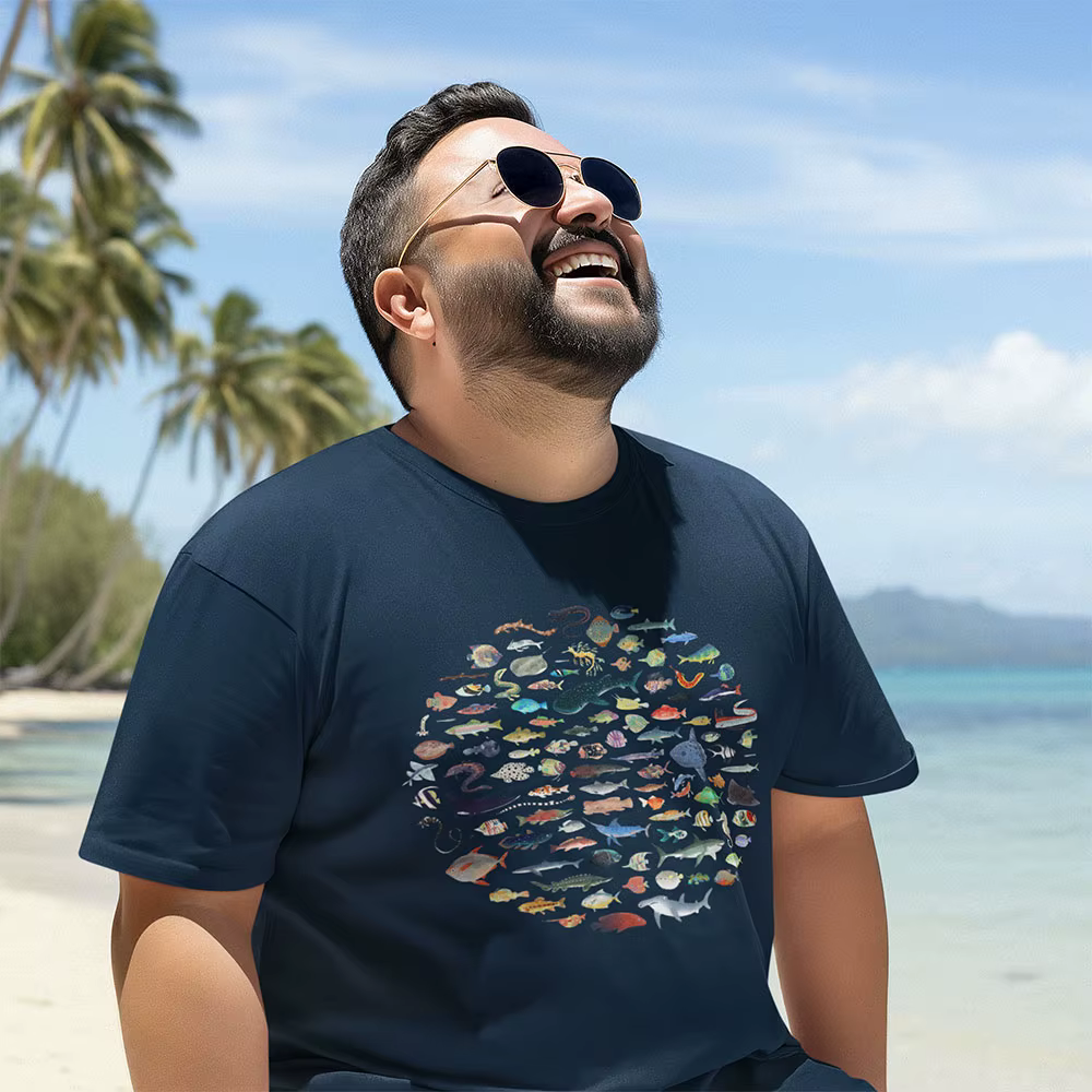 T-shirts pour hommes cent poissons océan vie Vintage 100% coton t-shirt à manches courtes plongée sous-marine