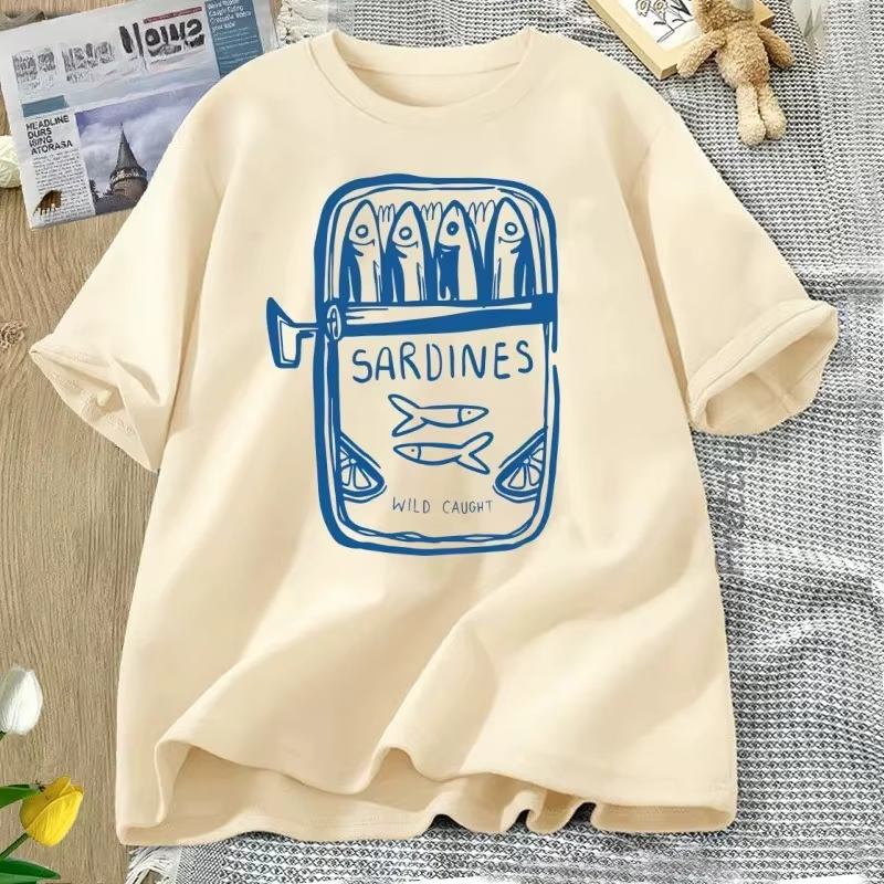 Sardine pêcheur plage imprimé à manches courtes t-shirt décontracté col rond