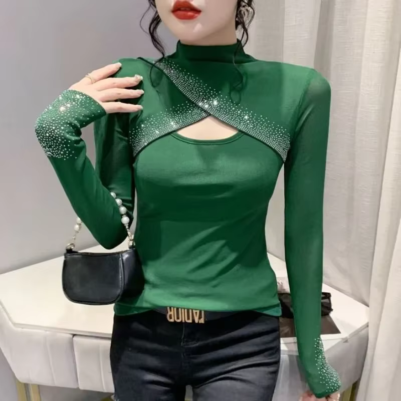 T-shirt à manches longues pour femmes noir paillettes printemps haut d'automne femme strass