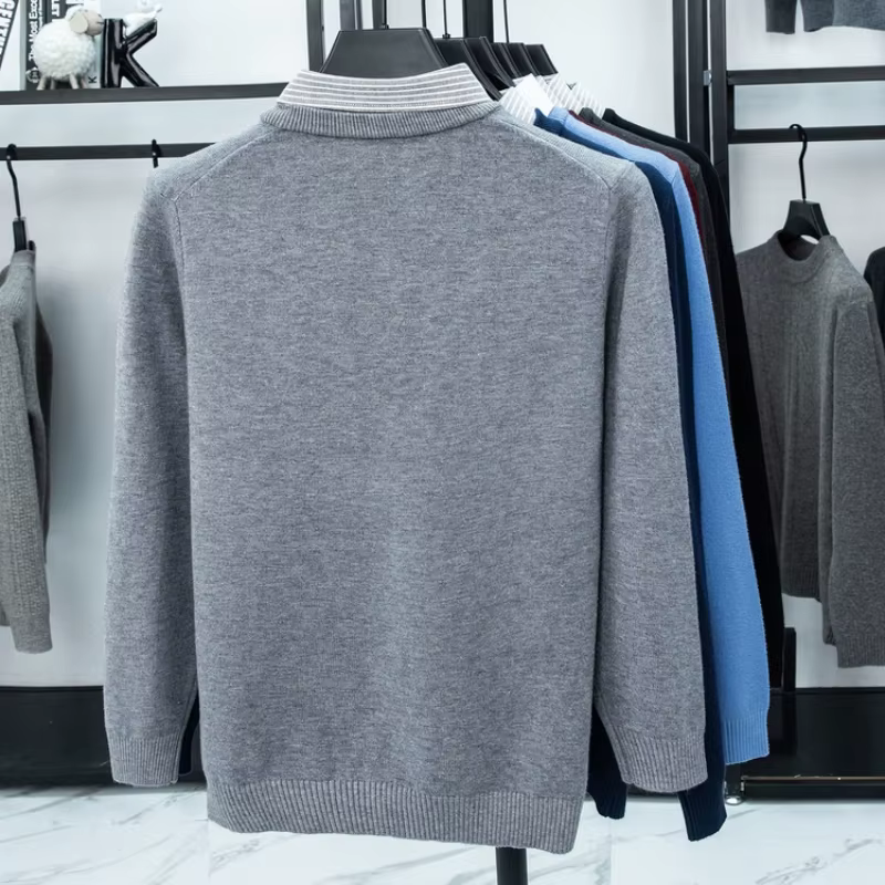  Pull en tricot à col de chemise pour hommes - Bleu clair (6 couleurs) Faux design à deux couches Style décontracté