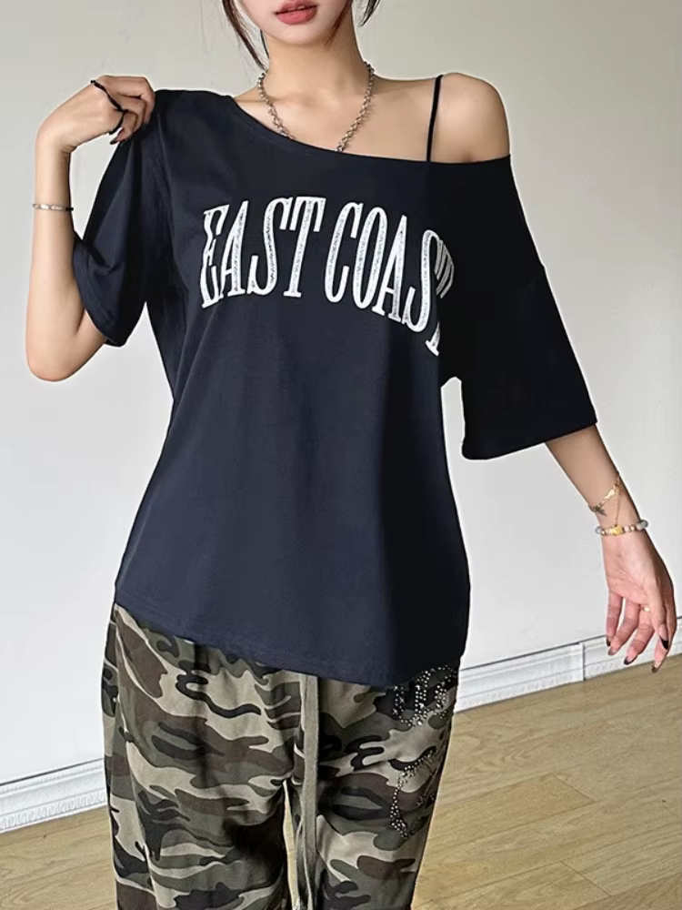 Lettres imprimer t-shirts pour femmes Streetwear encolure dégagée t-shirt à manches courtes Camisetas Grunge vêtements Ropa Mujer Y2k accessoires