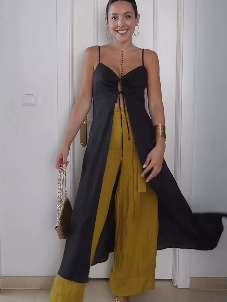 TFMLN Haut décontracté à longues bretelles pour femme, chic, uni, à lacets, sans manches, à fines bretelles, avec fente haute, style streetwear, pour l'été