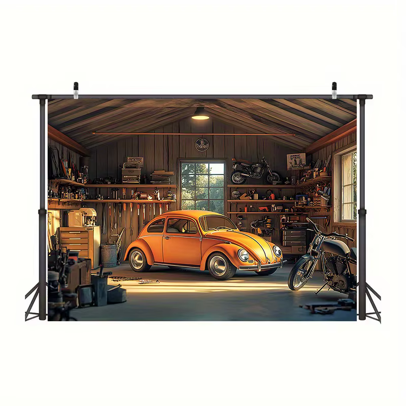 Un fond de garage lumineux avec des designs de voitures et de motos classiques - en matière polyester durable