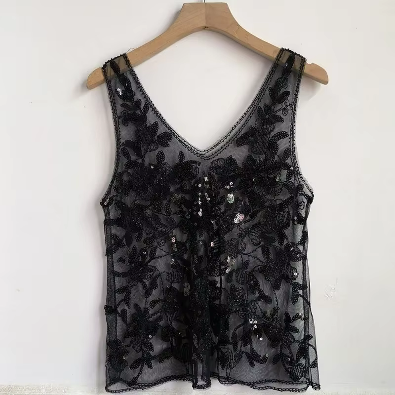 Paillettes perles Style français 2025 été nouveau gilet sans manches coupe ajustée Perspective Sexy Chic Ins mince débardeur ample