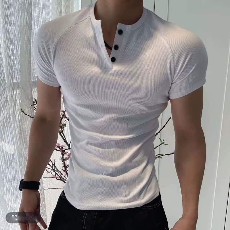 T-shirt homme slim fit à col henley, manches courtes, tricot côtelé, coupe musclée, décontracté, pour l'entraînement, tee-shirt de base pour l'été