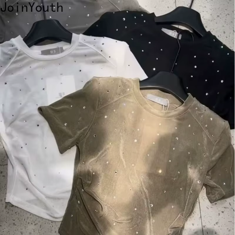 2025 Ropa Mujer t-shirts pour femmes blanc paillettes diamant culture hauts col rond tunique à manches courtes