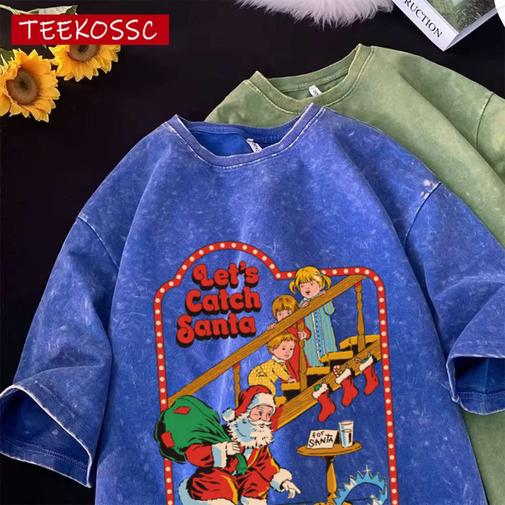 Let Is Catch Santa imprimé rétro T-Shirt hommes coton confortable t-shirts mode ample