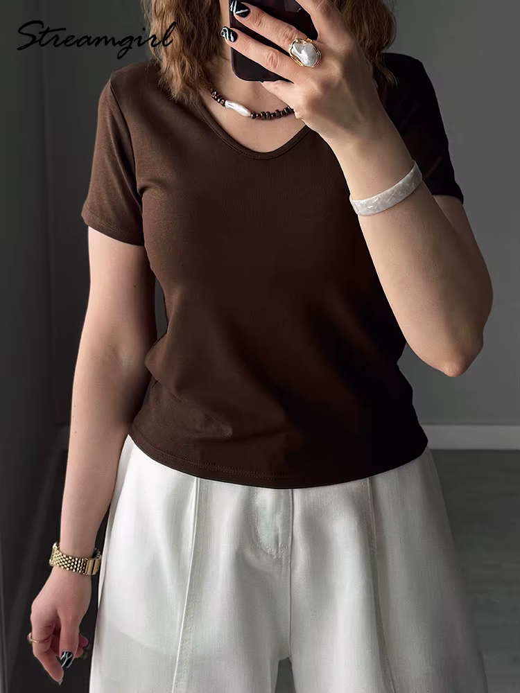 T-shirt Streamgirl d'été en modal à col en V et manches courtes pour femme