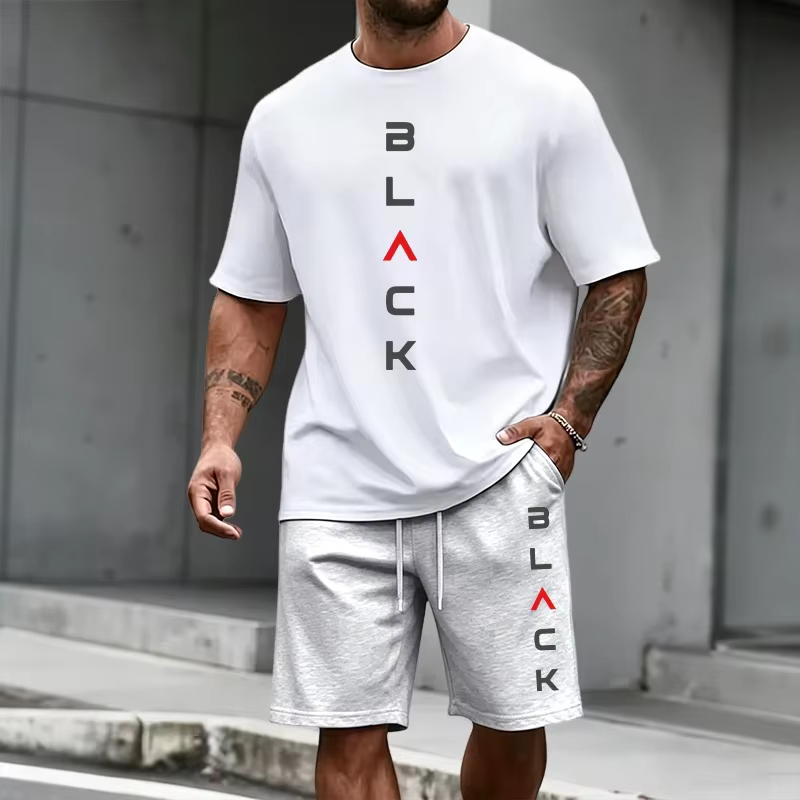 Ensemble T-shirt et short imprimé lettres noires pour homme – Tenue décontractée sportive d'été à manches courtes – Mode urbaine Streetwear