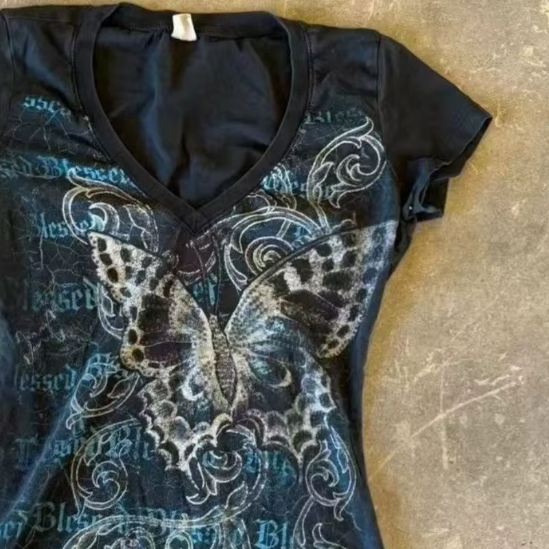 Harajuku fée recadrée papillon impression t-shirts Vintage Grunge haut femmes été Y2k esthétique décontracté culture