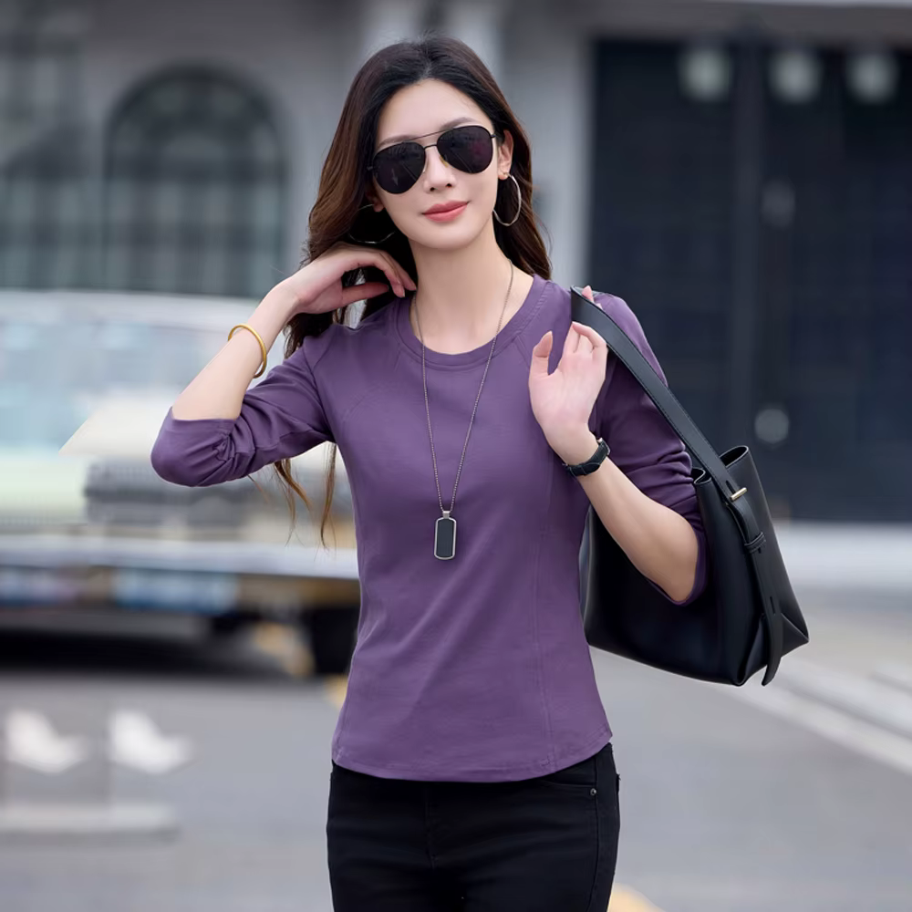 T-shirt à manches longues rouge vin pour femmes printemps et automne nouveau haut de gamme en coton mode grande taille