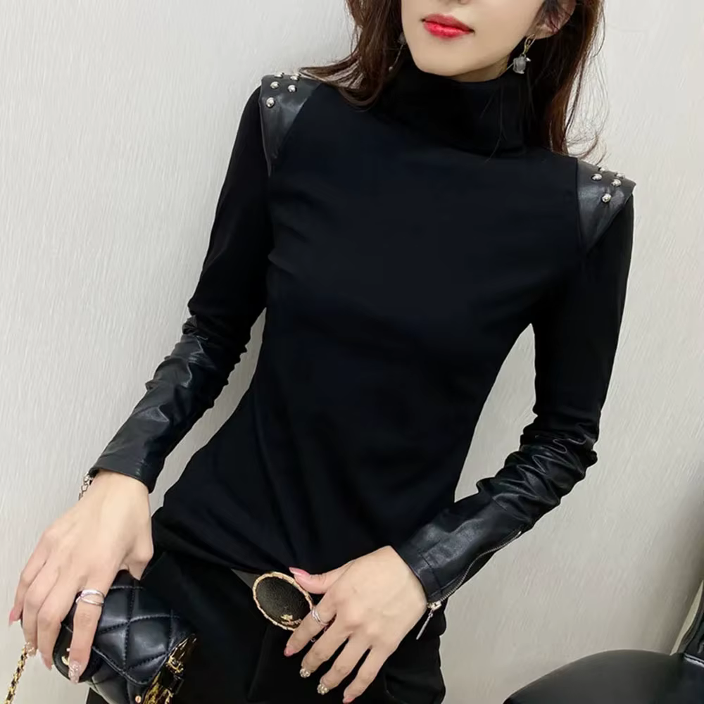 Noir dames T-shirts élégants automne hiver nouveau à manches longues demi-col haut sous-couche chemise mode polyvalent