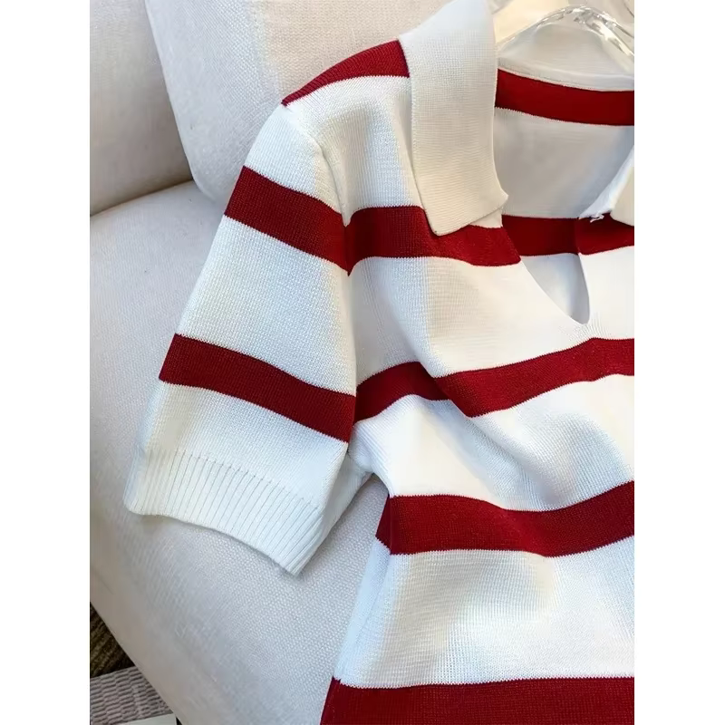 Nouveau pull à col rayé 2026 – Haut court tricoté polyvalent à manches courtes pour femme