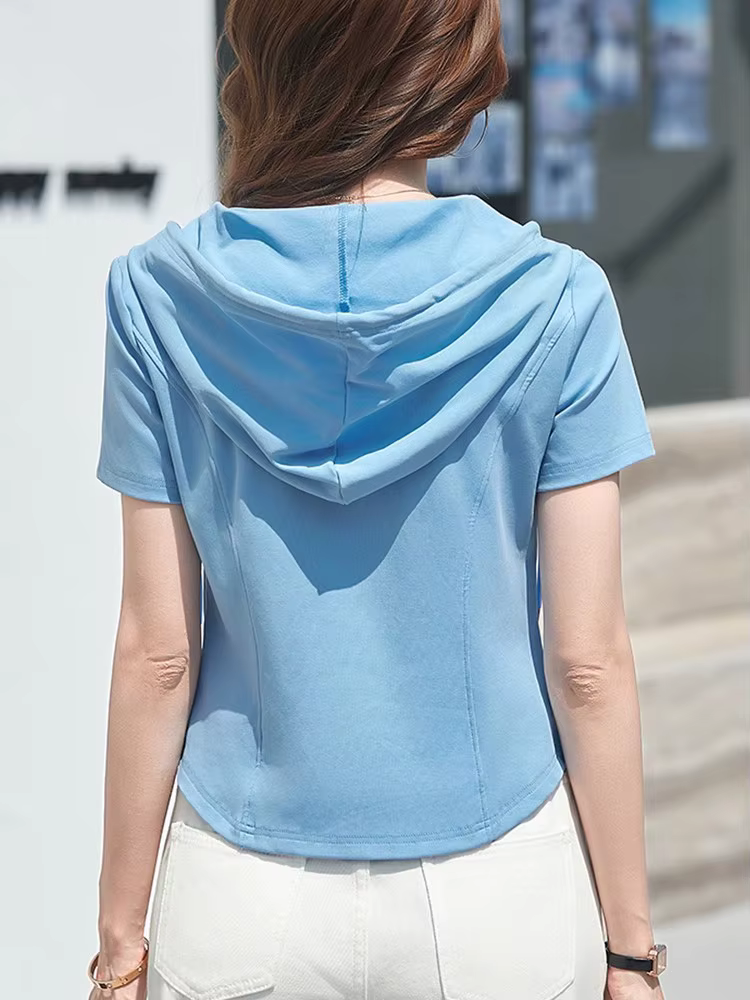 Nouveau Femme T-shirt à capuche L'été Mode Fermeture éclair à double tête Cardigan Manches courtes