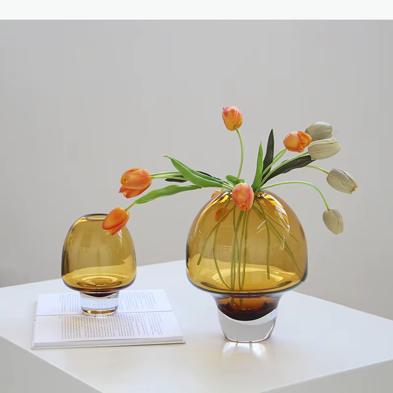 Vase en verre transparent couleur ambre, pots ronds pour fleurs, décoration de table, arrangement floral, vases floraux, décoration esthétique de la pièce
