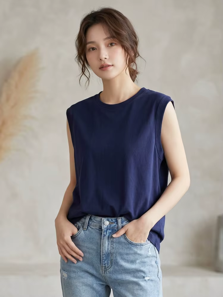 Débardeur Femme Été 2026 en Coton Col Rond Sans Manches Couleur Unie avec Poignets Côtelés Coupe Ample Décontractée Polyvalente