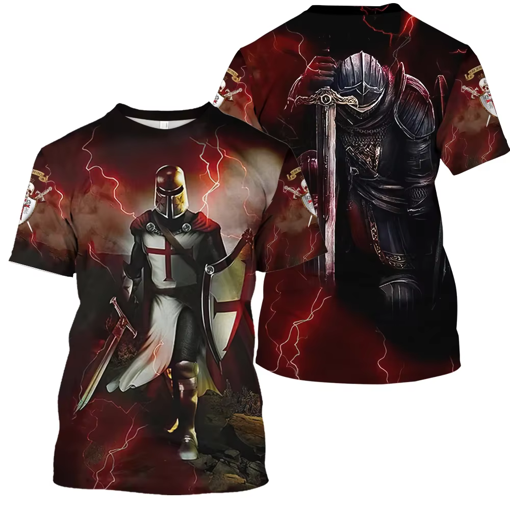 2025 T-shirt Vintage pour hommes 3D chevalier imprimé hauts rue Hip Hop col rond manches courtes