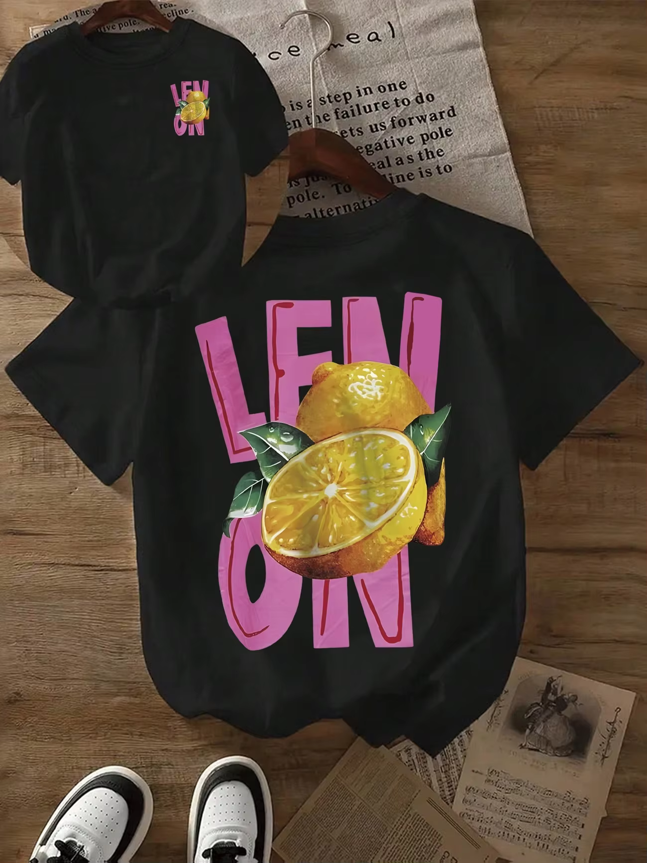 T-shirt créatif à motif citron et cello pour femme