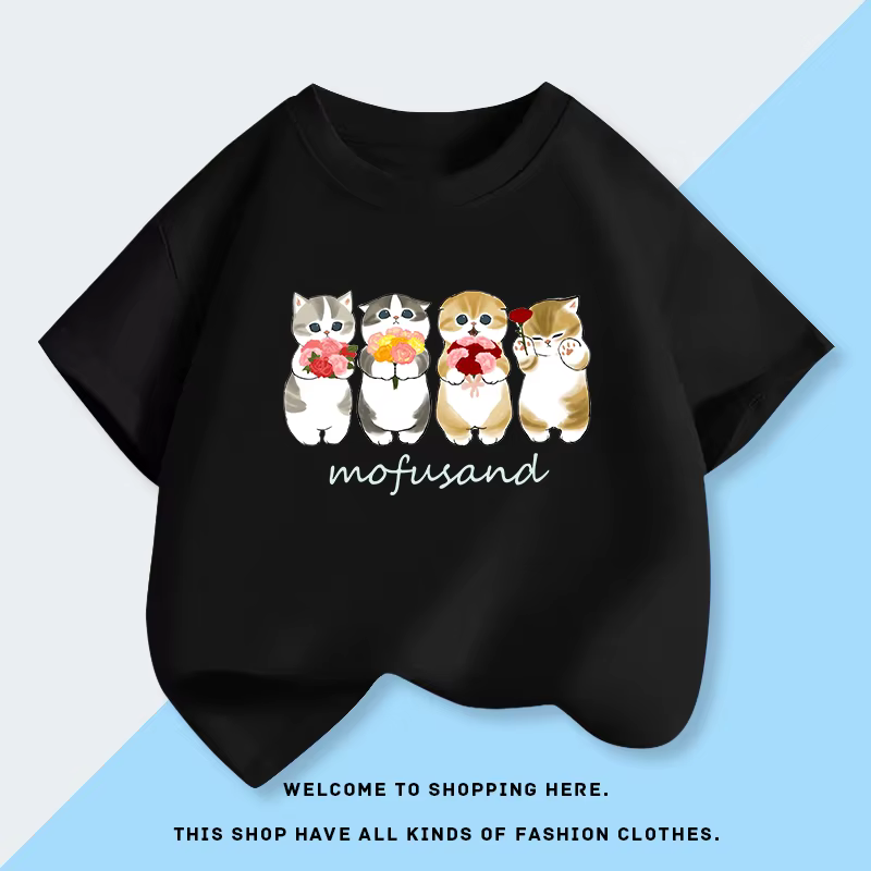 T-shirt à manches courtes confortable en coton avec imprimé de dessin animé de chat Mofusand, nouvelle mode d'été