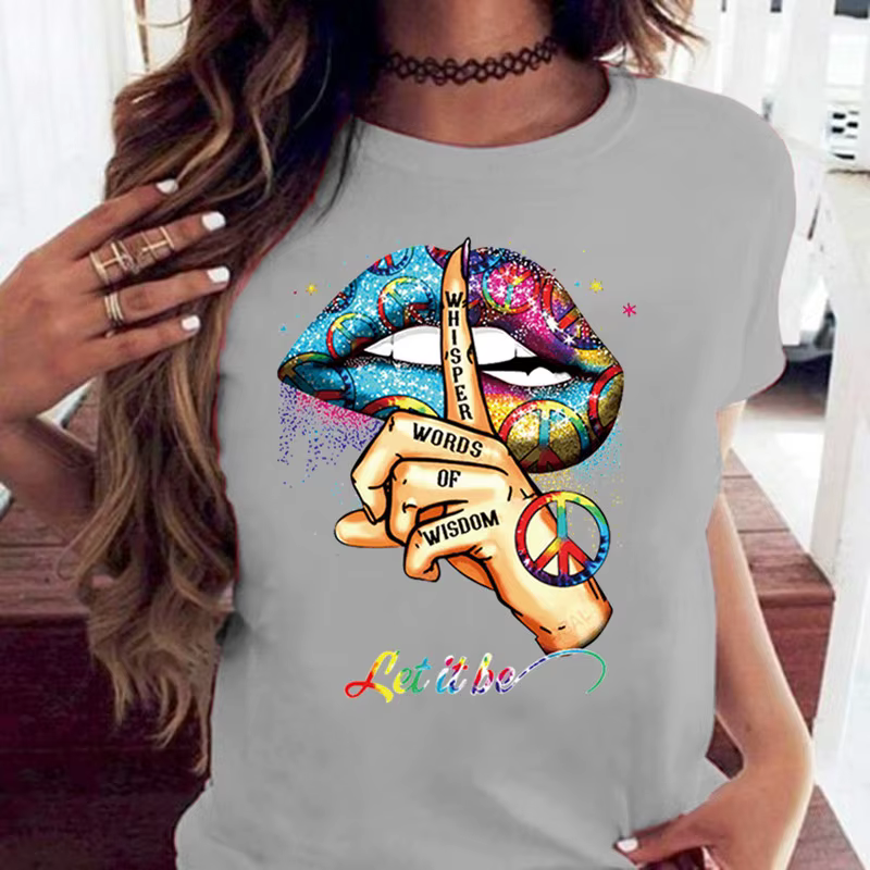 100% coton ample col rond bouche créative à manches courtes T-shirt femme surdimensionné