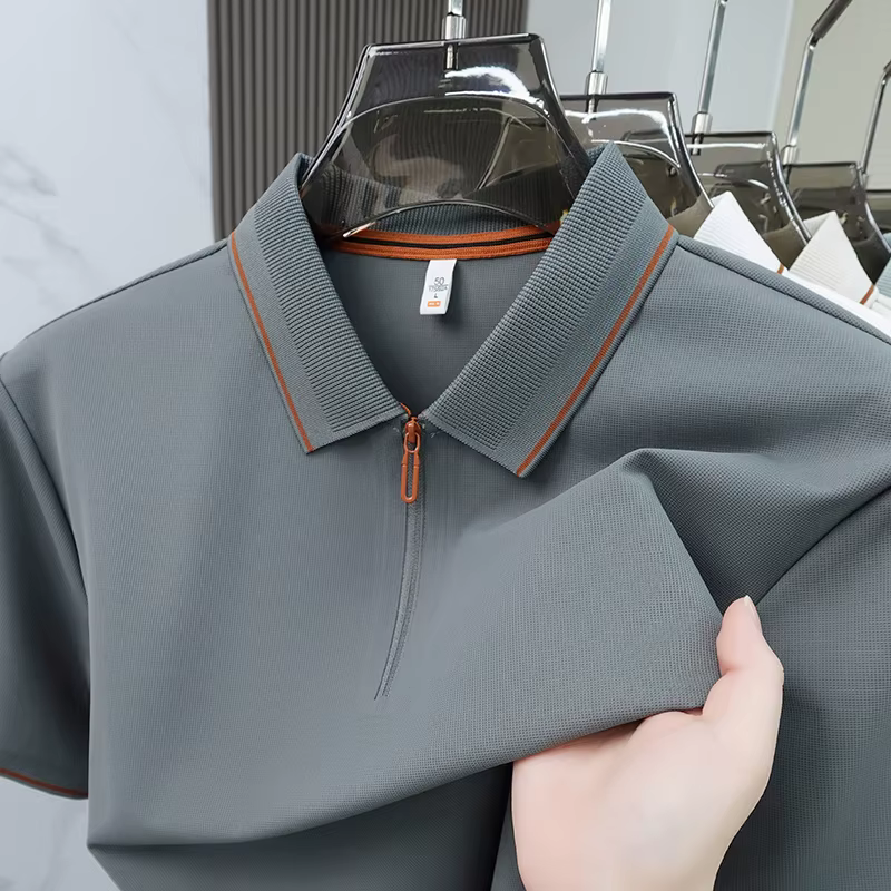 Light luxe couleur solide manches courtes polo chemise homme été glace soie respirable affaires décontractée mode zipper Le col renversé T-shirt