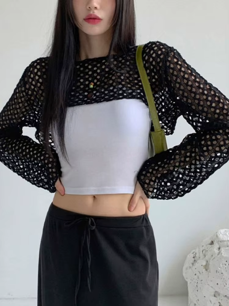 T-shirt à capuche en résille ajourée pour femme