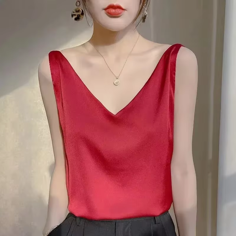 Femme T-shirts élégant soie Satin Blouse sans manches