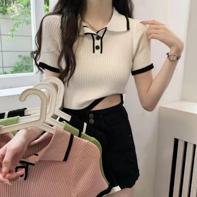 T-shirt en tricot à col polo à manches courtes pour femme, couleur contrastée, tricot côtelé, crop top, polo, tenue preppy d'été pour écolière