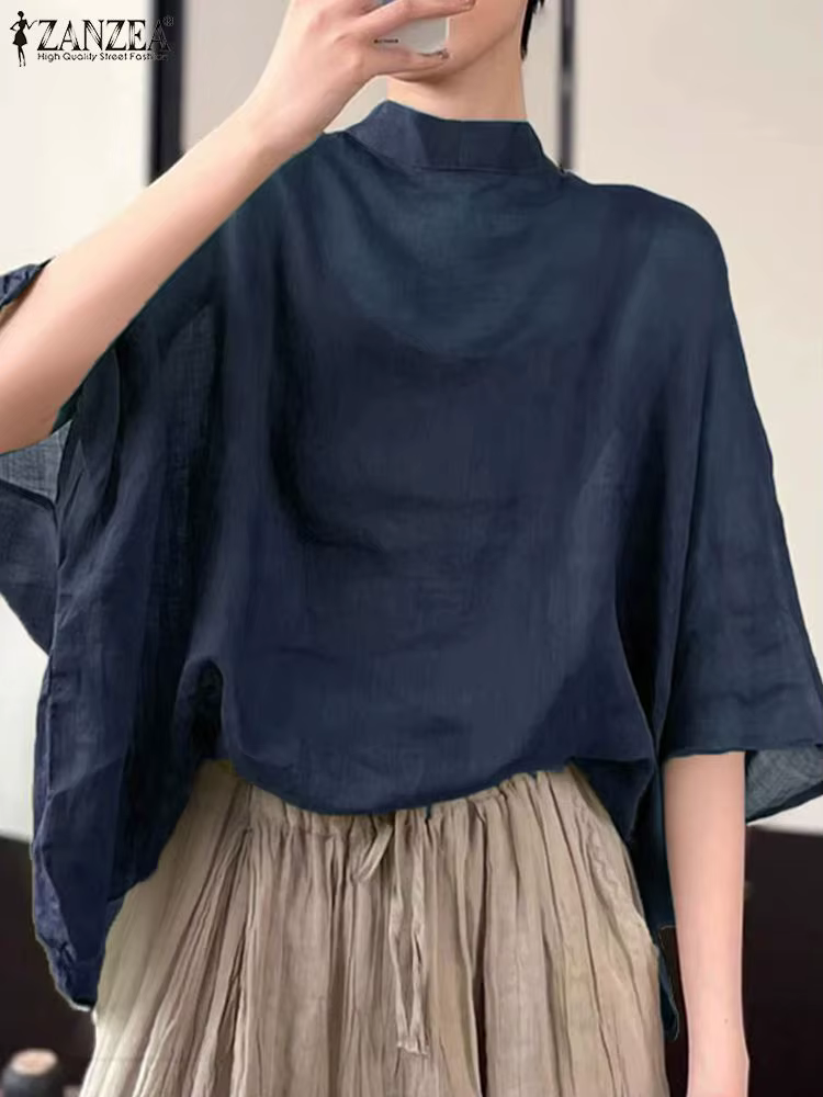ZANZEA femmes 3/4 manches chauve-souris Blouse surdimensionné asymétrique hauts 2024 été col montant tunique