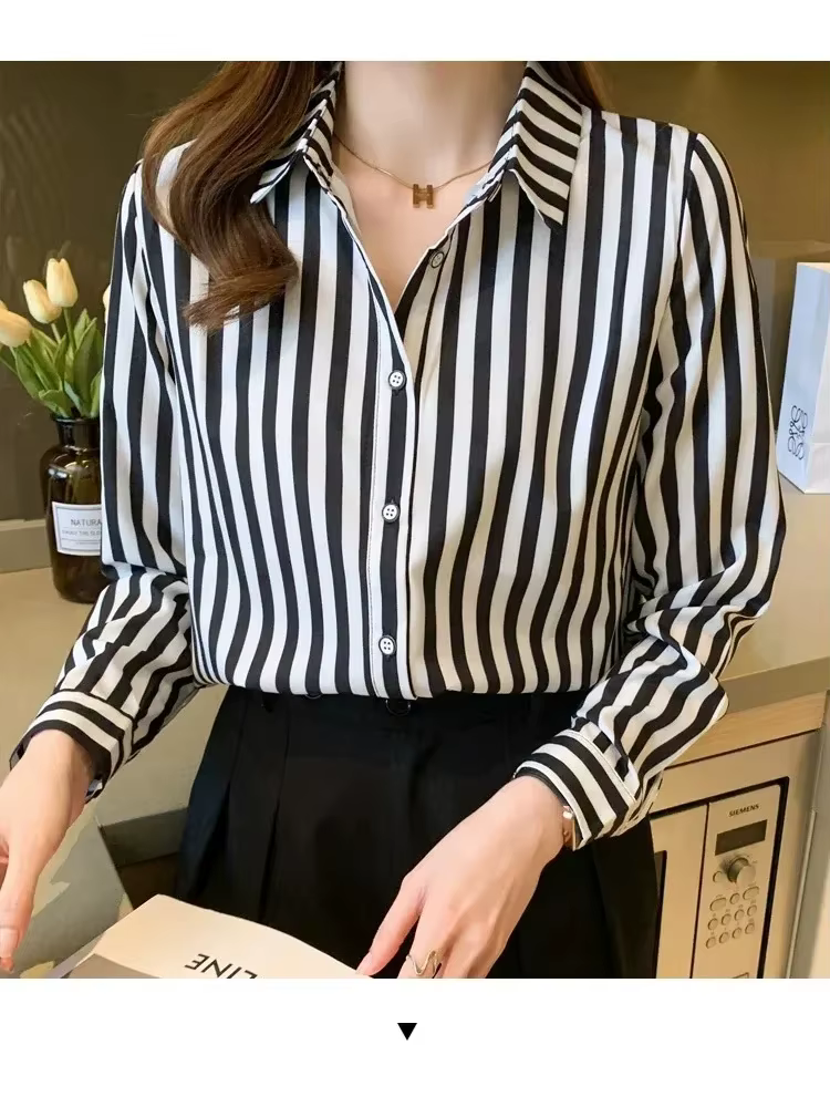 Femmes chemise noir et blanc rayé boutonné à manches longues surdimensionné petit ami Blouse hauts blusas para mujer tenue