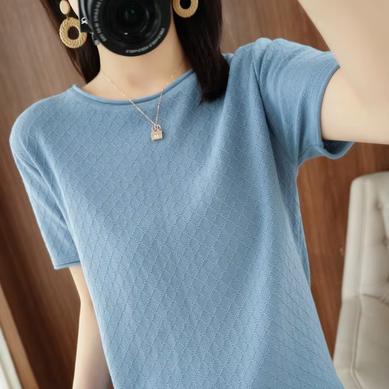 T-shirt femme printemps/été 100% coton pull à manches courtes décontracté roulé col rond dames hauts chemisier ample