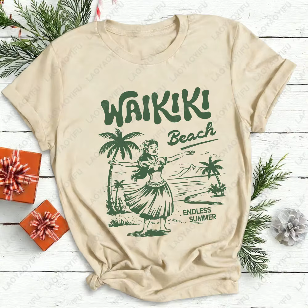 Waikiki chemise de plage Hawaii graphique T-Shirt Hula Girl Vintage île