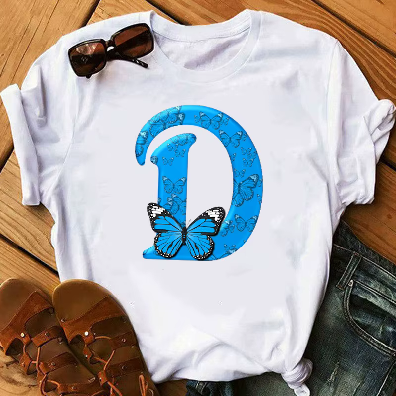26 lettres anglaises papillon imprimé T-shirt à manches courtes femmes surdimensionné