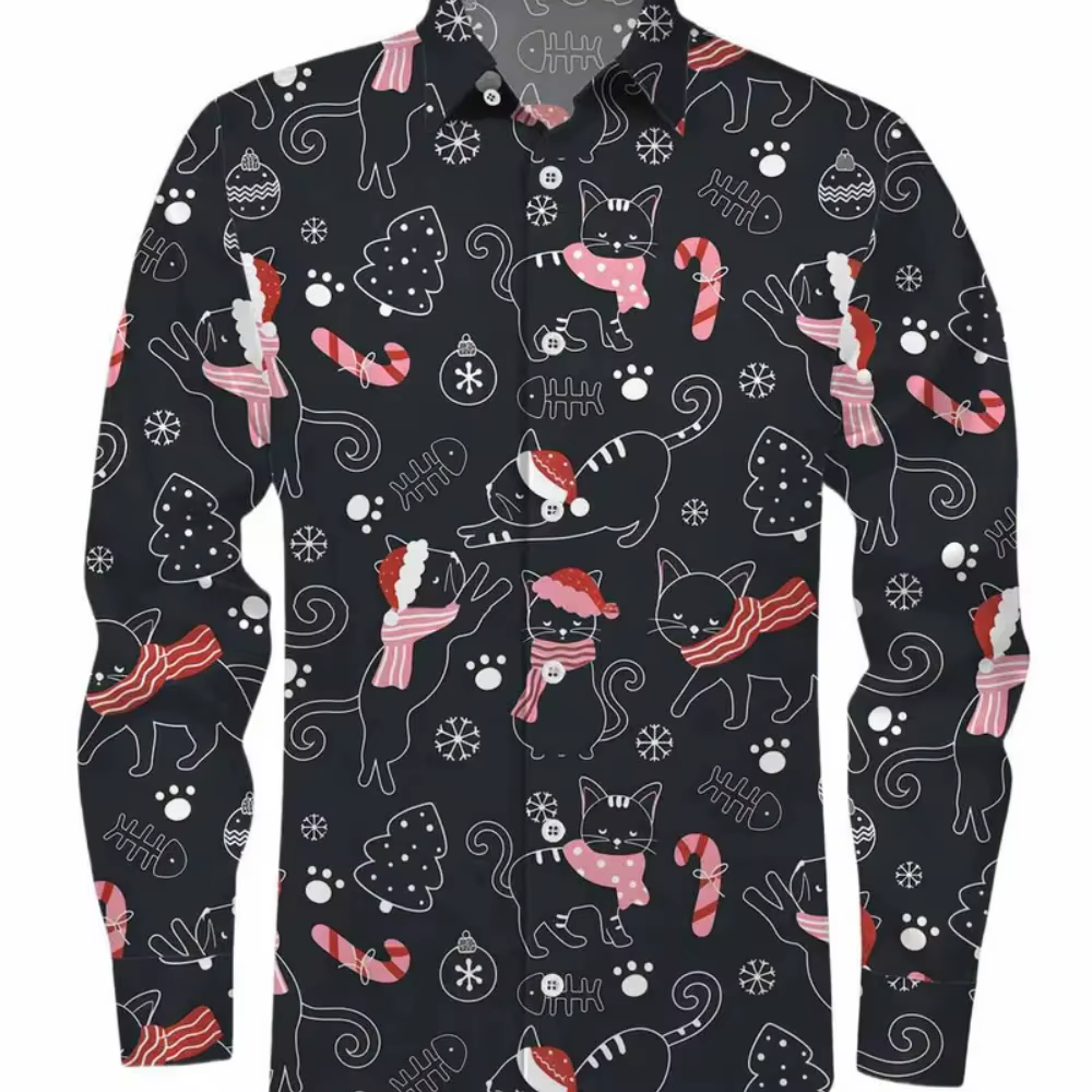 Nouveau 2025 hommes à manches longues chemise décontractée motif de noël imprimé Streetwear pour printemps automne vacances