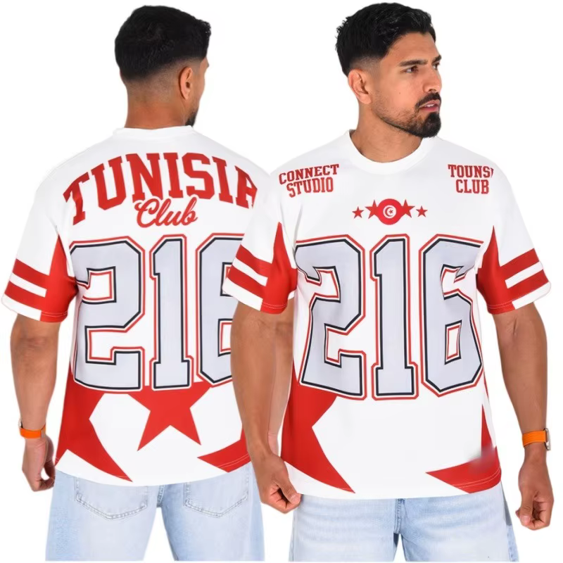 T-shirt unisexe de la collection nationale de la Tunisie 2026 à manches courtes avec grand imprimé étoile à cinq