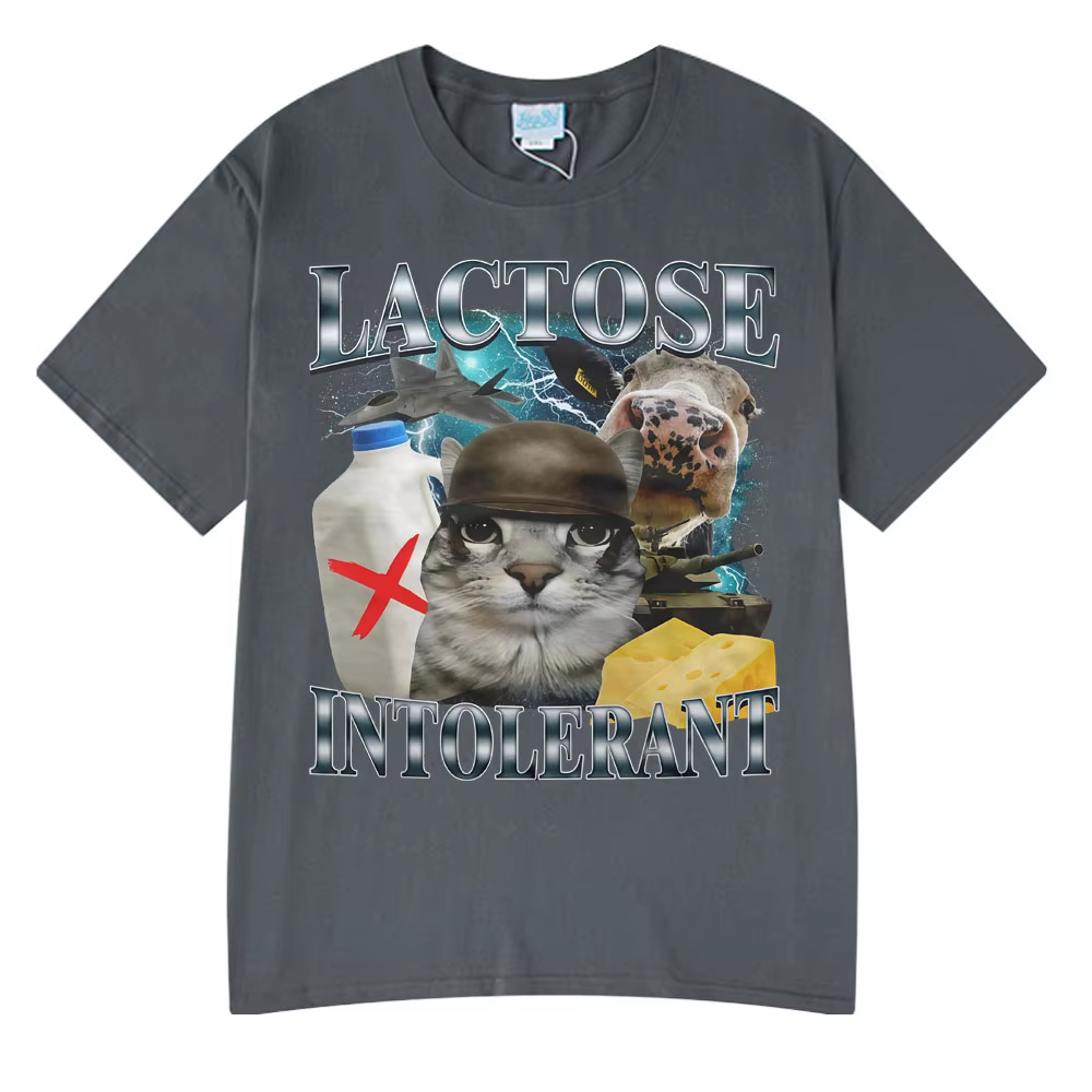 2025 été offre spéciale porte Lactose intolerant drôle chat Meme T-shirts mode t-shirt Hip Hop Couple Style vêtements
