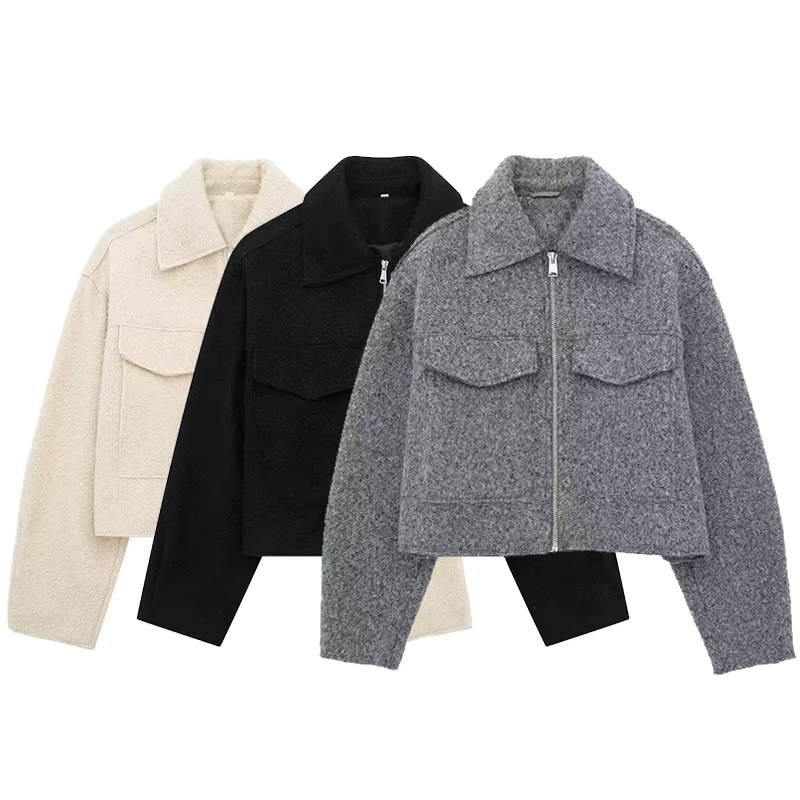 Willshela femmes mode avec poches gris avant vestes à glissière Vintage revers cou manches longues femme Chic dame tenues