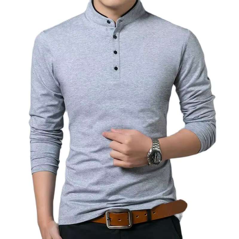 SHiONFA t-shirts en pur coton pour hommes col Mandarin à manches longues chemise confortable simple boutonnage doux supérieur extérieur pour le printemps automne
