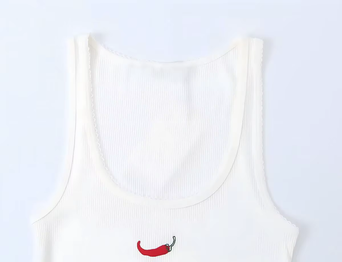 Débardeur sans manches pour femme - Gilet côtelé à col rond avec broderie Chili