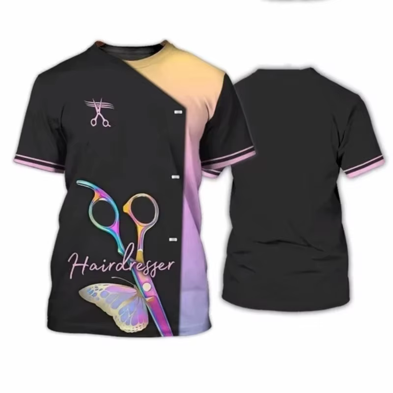 Barbier coiffeur modèle T-Shirt pour femmes Salon esthéticienne 3D imprimé t-shirts été hauts amples manches courtes